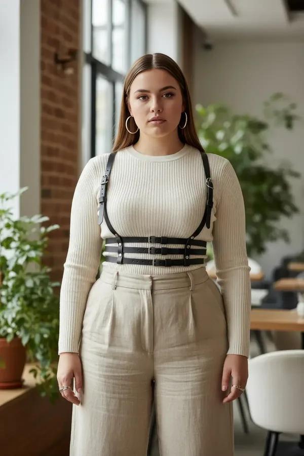 Black faux leather chest harness with three stacked waist straps and silver buckles worn over cream ribbed knit sweater
