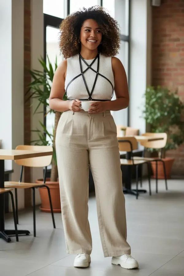 Black faux leather star-strap chest harness layered over white ribbed top, crossing straps in geometric pattern