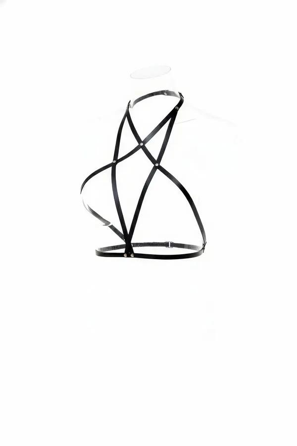 Black faux leather interwoven strap body harness with geometric crossed straps and silver-tone rivets on white background