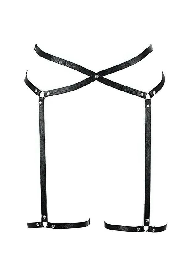black faux leather garter harness with X-cross waist straps, silver O-ring hardware, and dual thigh bands