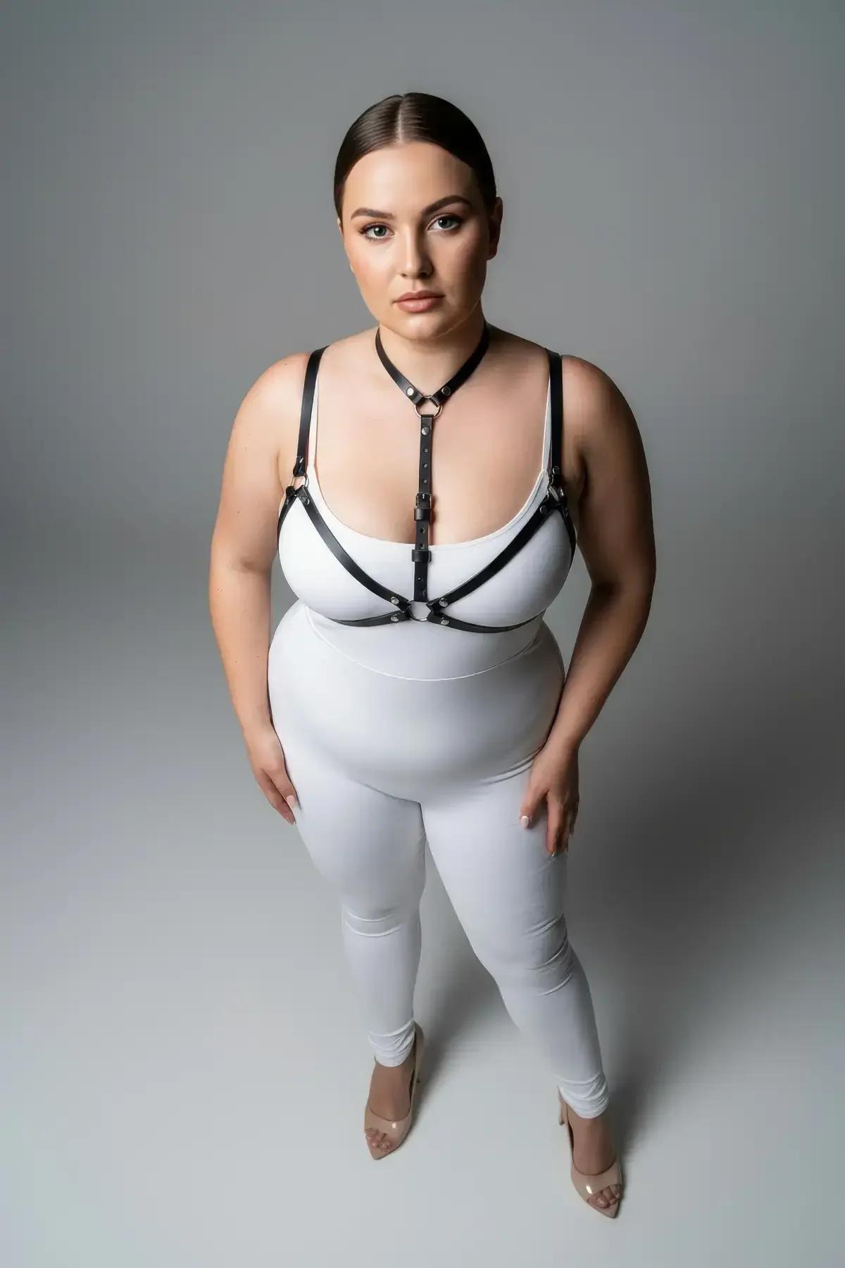 Black vegan leather chest harness with diagonal crossover straps and silver zinc buckles front view