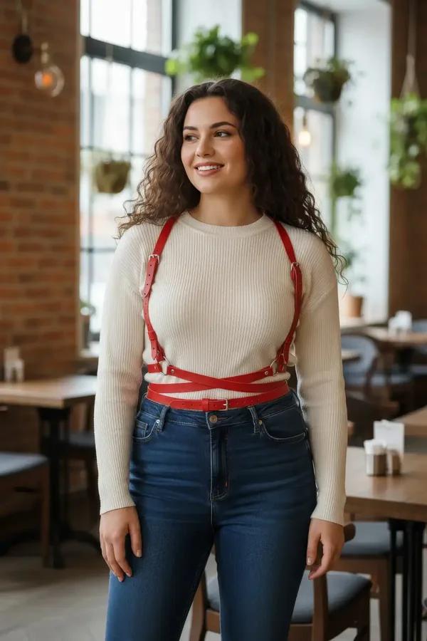 Kırmızı vegan deri büyük beden göğüs ve bel harness gümüş toka detaylı çapraz şerit tasarımı