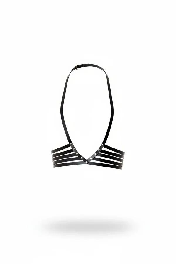 Black faux leather strappy halter harness bra with four horizontal chest straps and silver stud accents at centre V