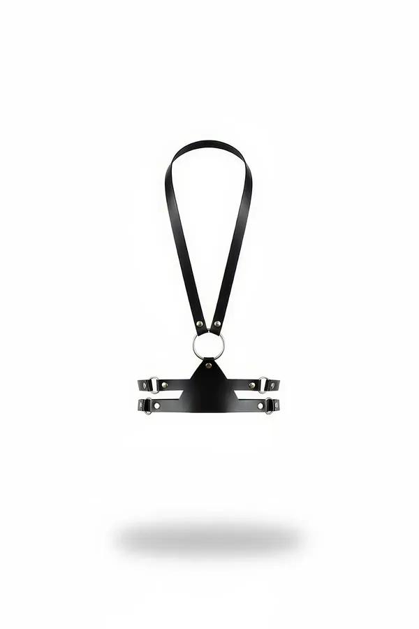 black faux leather chest harness with silver O-ring triangle panel and dual underbust straps on white background