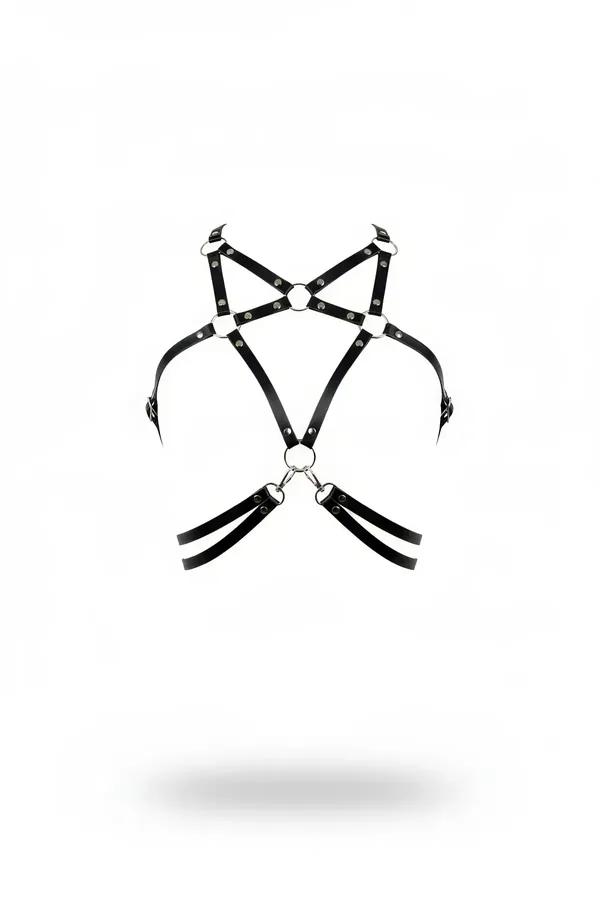 black faux leather star chest harness with silver O-rings and rivet studs on geometric crossing straps