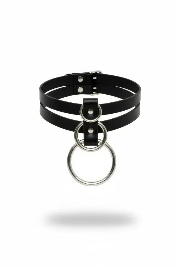 siyah suni deri çift bantlı choker gümüş iç içe O-halka detayı beyaz fon
