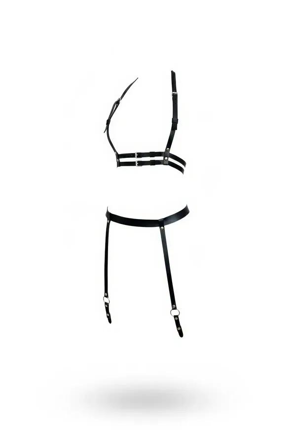 siyah suni deri harness takım çift şeritli göğüs haznesi ve gümüş tokalı jartiyerli bel kemeri