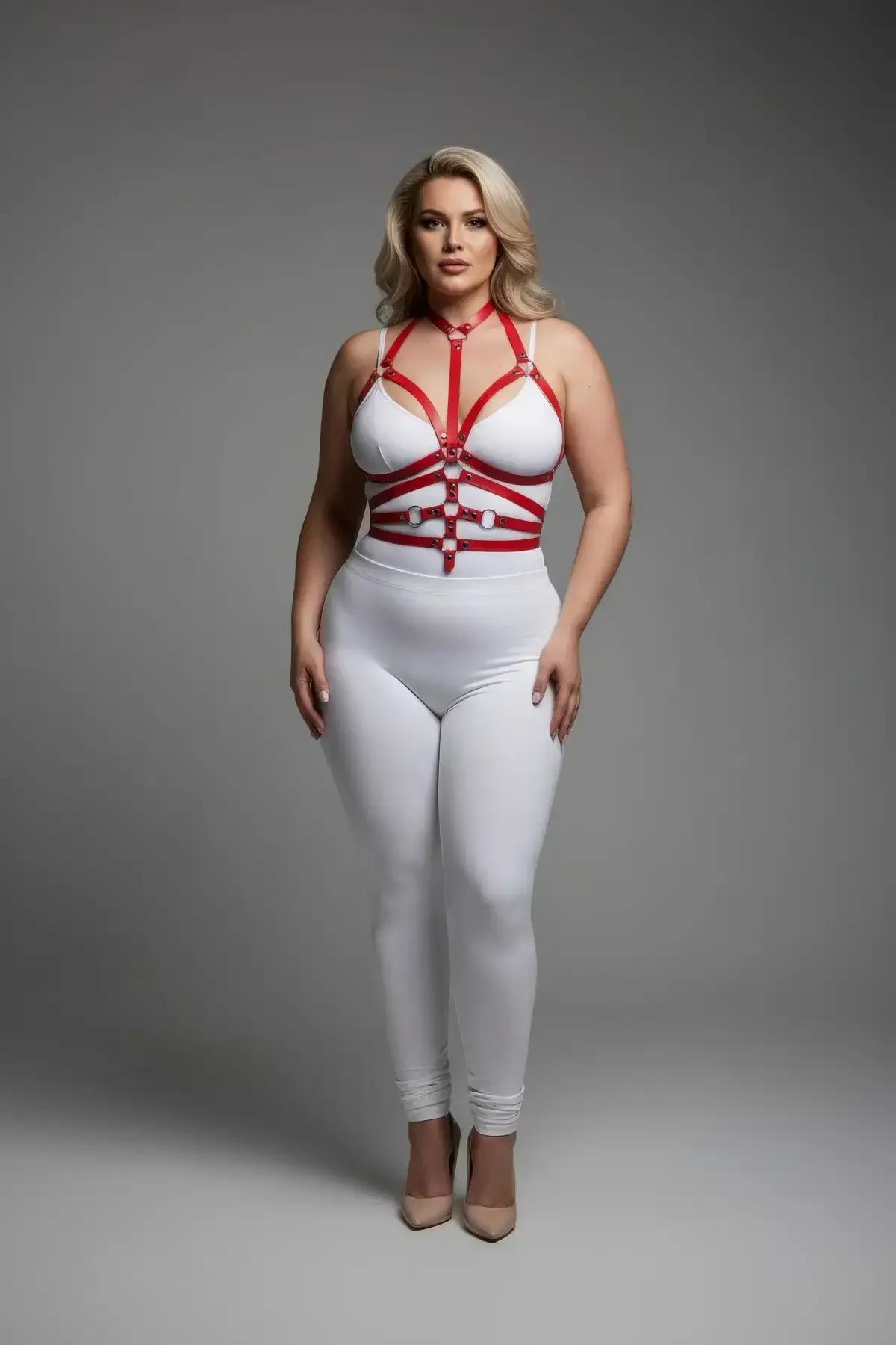Red PU leather chest harness with dual diagonal straps and central silver O-ring, close-up detail
