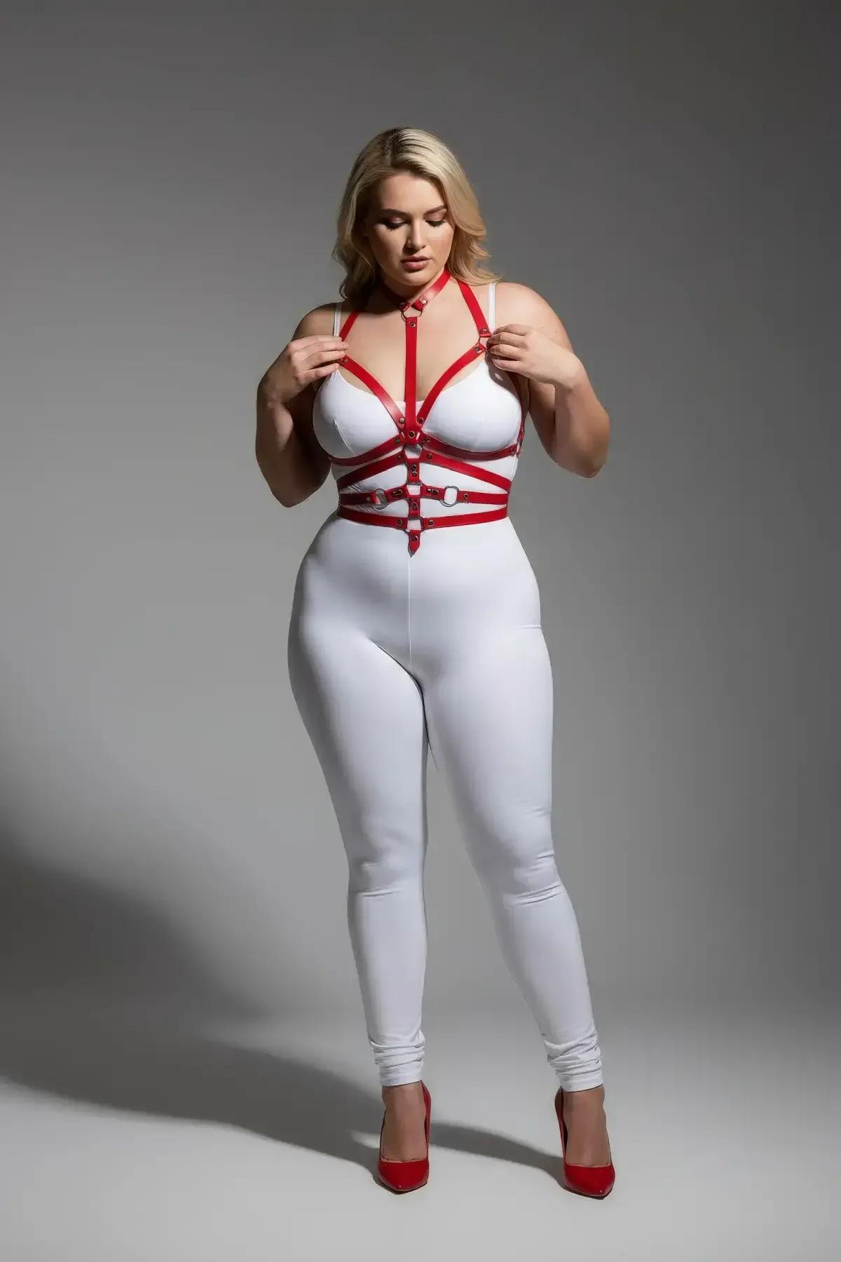 Adjustable red strappy harness worn over white base layer, full length side angle