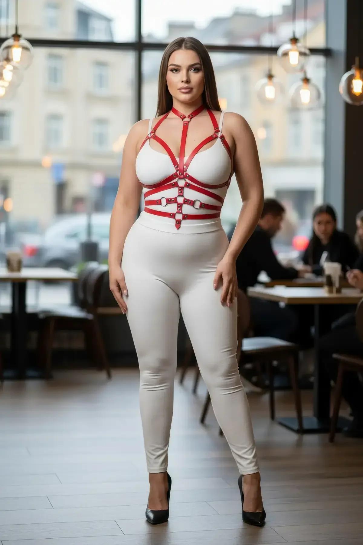 Red fashion harness halter collar buckle closure and chest strap configuration, back detail
