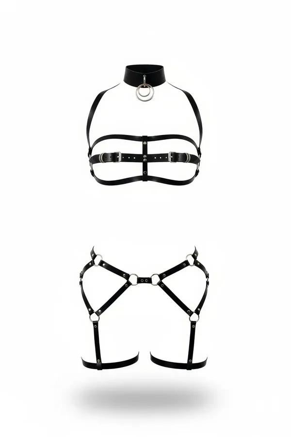 siyah faux leather harness takım gümüş O halka detaylı choker ve bacak harness seti