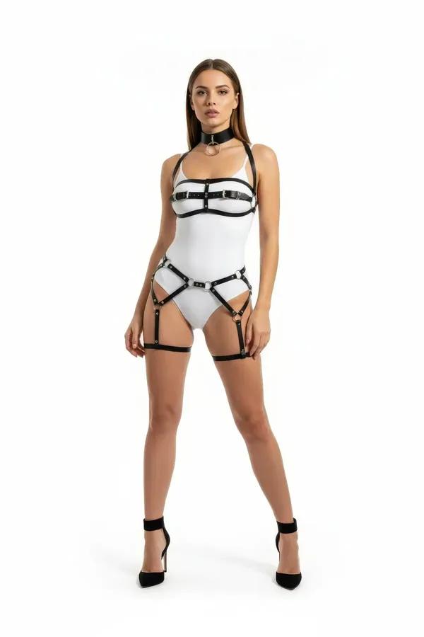 black faux leather harness set with O-ring choker, five-buckle chest band, and dual thigh garter straps, silver hardware