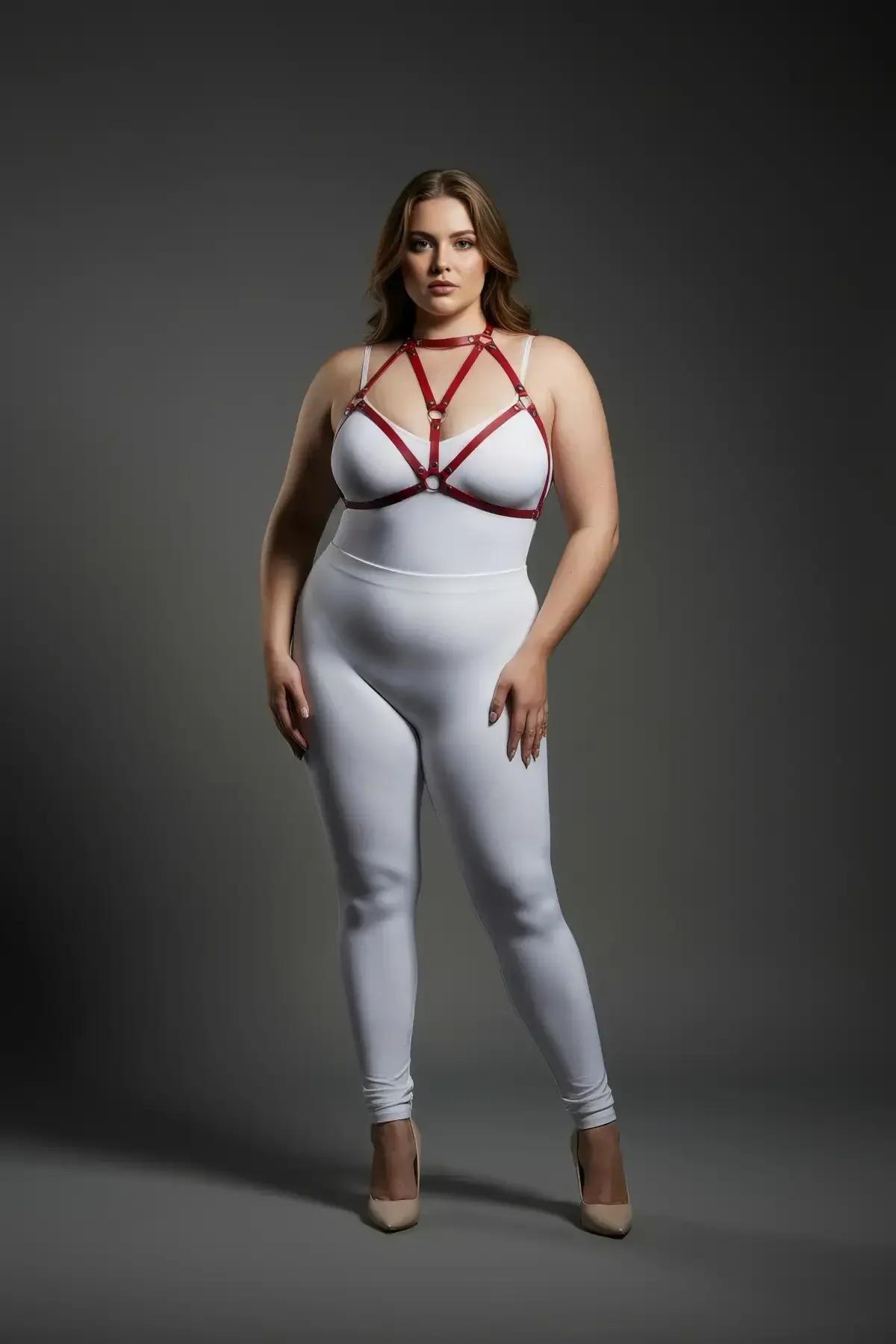Red faux leather chest harness with gold O-ring connectors and geometric strappy cage design worn over white bodysuit