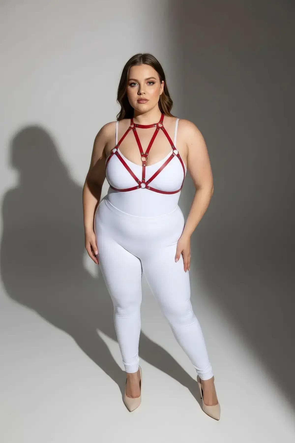 Red faux leather choker neck strap connecting to adjustable chest harness straps with gold rings