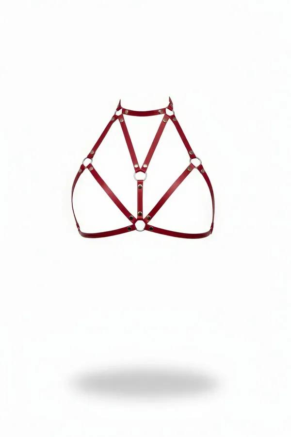 bordo vegan deri göğüs harness yüksek yaka geometrik şerit gümüş O-halka detaylı