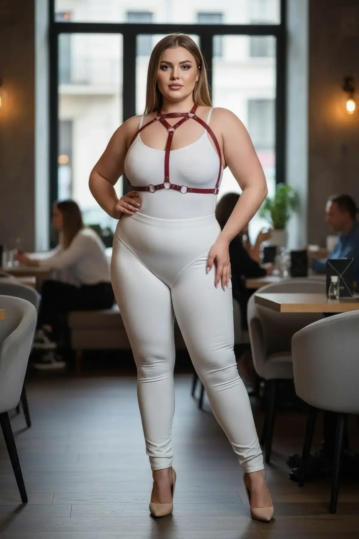 Adjustable red fashion harness with triple front straps and chrome slider buckles, side angle view