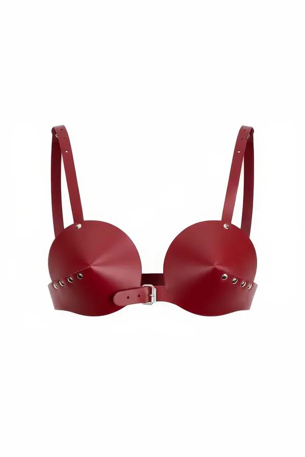 red faux leather conical cup chest harness with silver stud underbust band and center buckle closure
