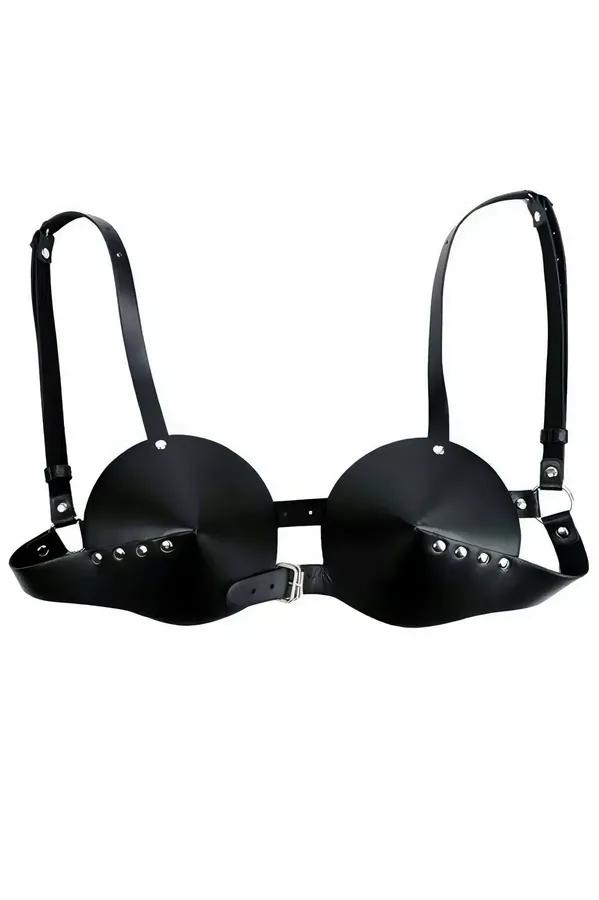 Black faux leather dome cup chest harness with silver stud rivets along underband and adjustable buckle shoulder straps