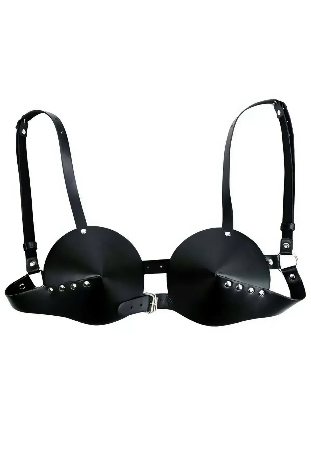 Black faux leather dome cup chest harness with silver stud rivets along underband and adjustable buckle shoulder straps