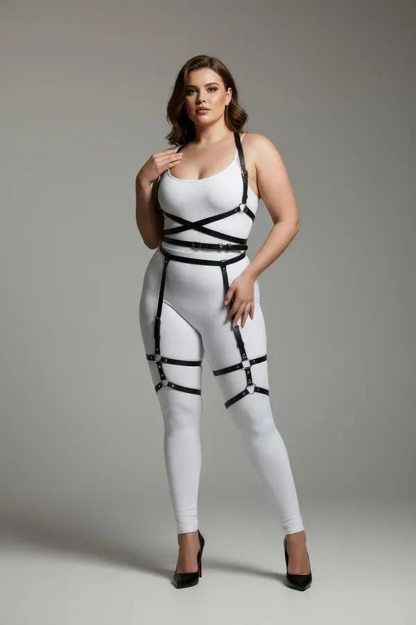 Black faux leather full body harness with X-cross chest straps and dual rectangular thigh cage garters over white outfit