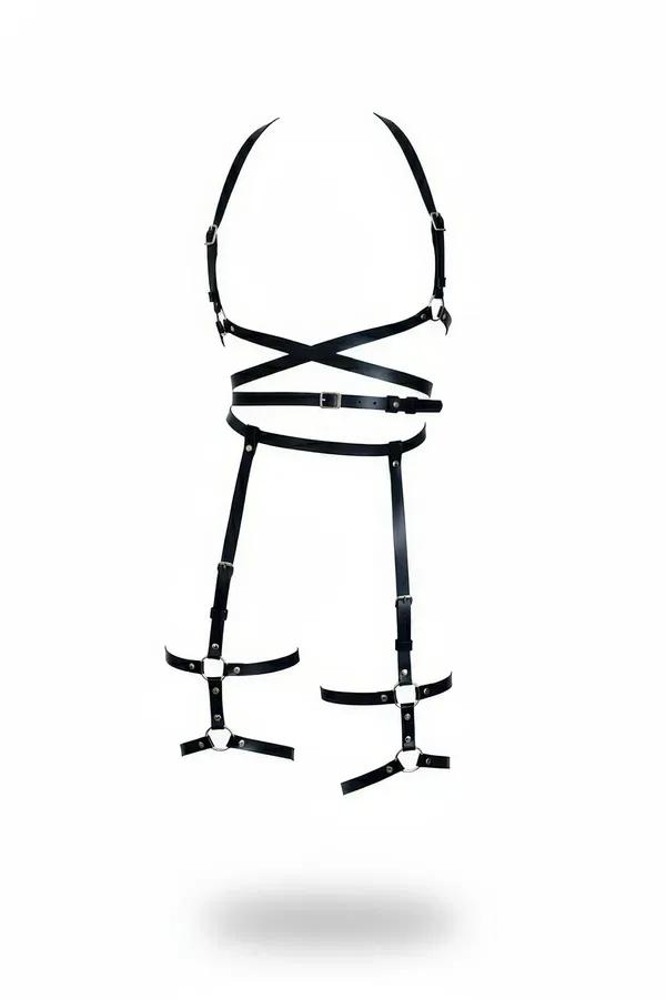 siyah faux leather full body harness jartiyer takımı çapraz göğüs askısı ve gümüş O-ring bacak jartiyeri