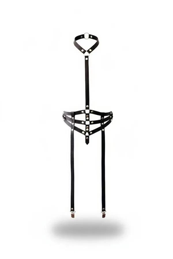 Black faux leather caged waist and neck body harness with silver O-ring, triple horizontal waist bands, and two adjustable ga