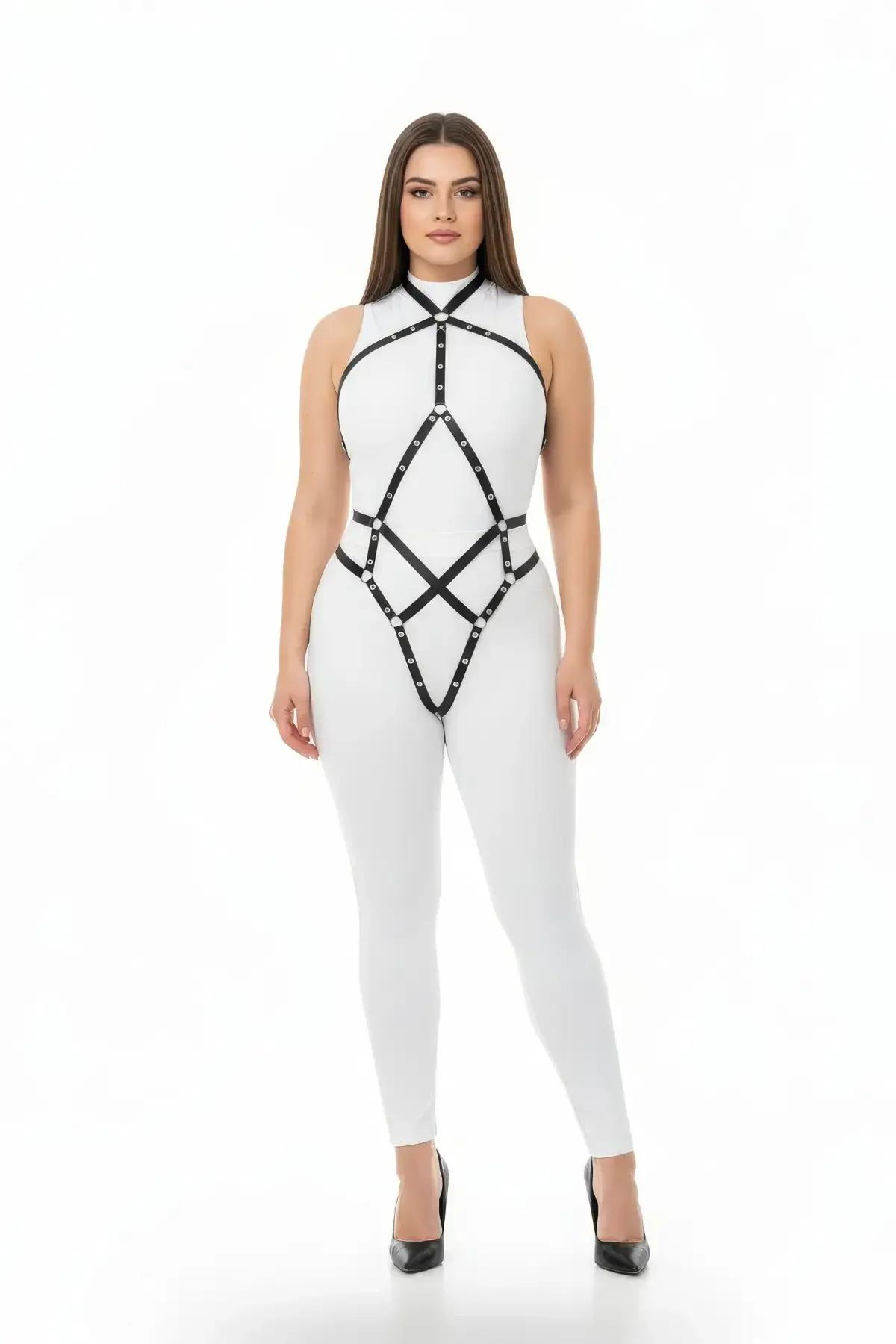 black faux leather body harness diamond cage strap pattern with silver O-ring hardware collar to hip