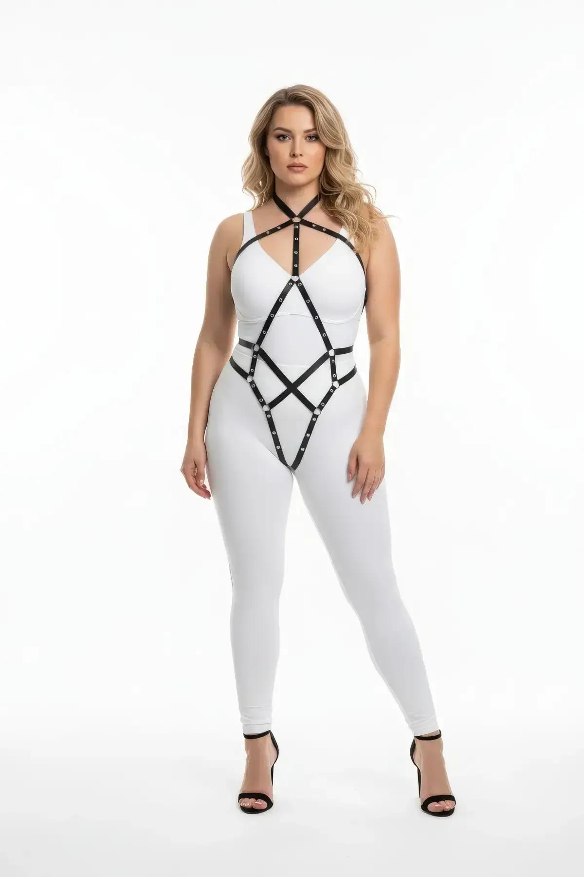 black vegan leather diamond cage harness front view showing full torso coverage from collar to hip band