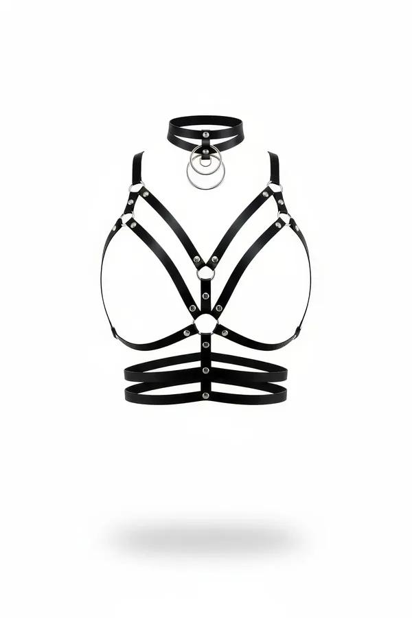 Black faux leather harness bra with triple O-ring choker, caged underbust bands, and silver stud hardware on white background