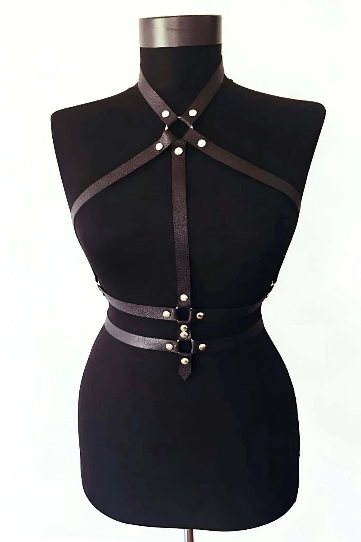 black faux leather harness collar band detail silver stud closures neck view