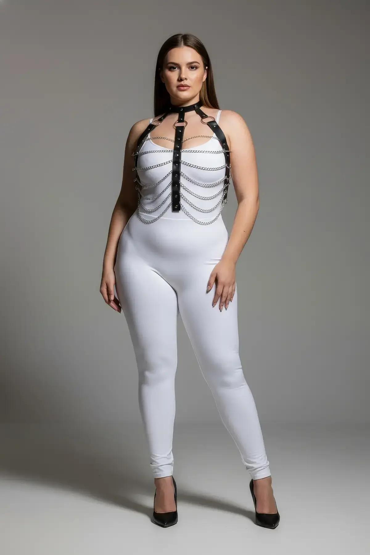 adjustable collar strap and buckle hardware detail on black PU leather chest harness with chains