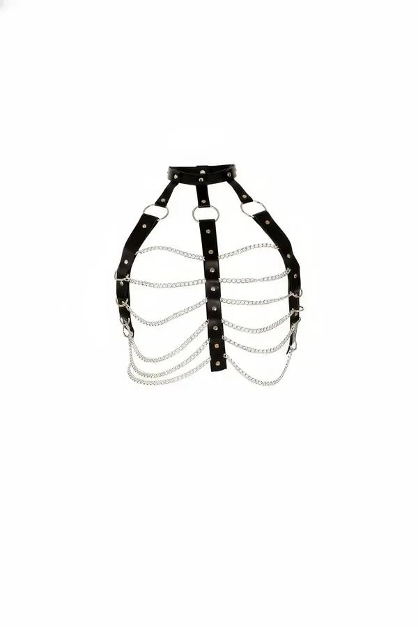 black faux leather body harness with five draped silver curb-link chains and O-ring choker collar, front view