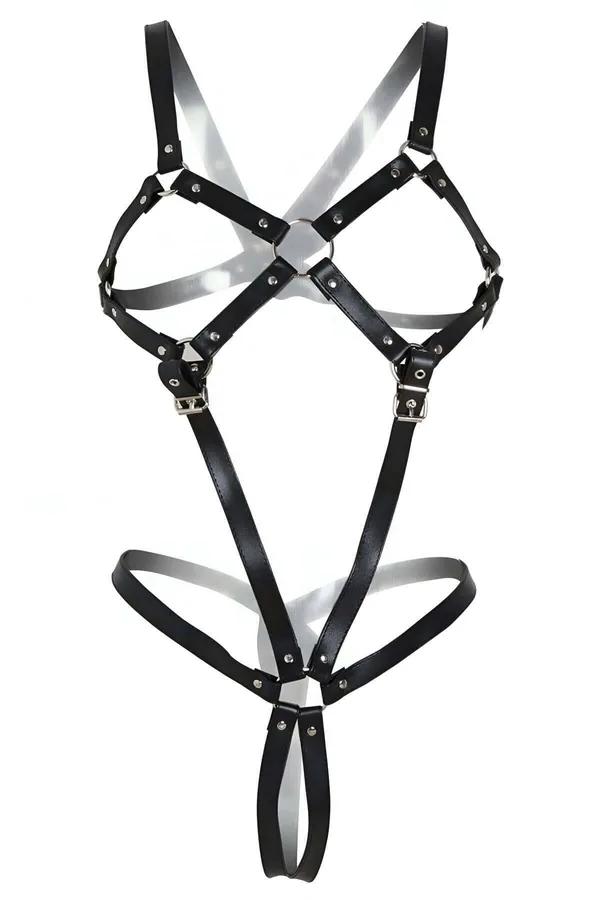 black faux leather full body harness with cross-chest X-strap design, silver O-ring hardware, and G-string bottom