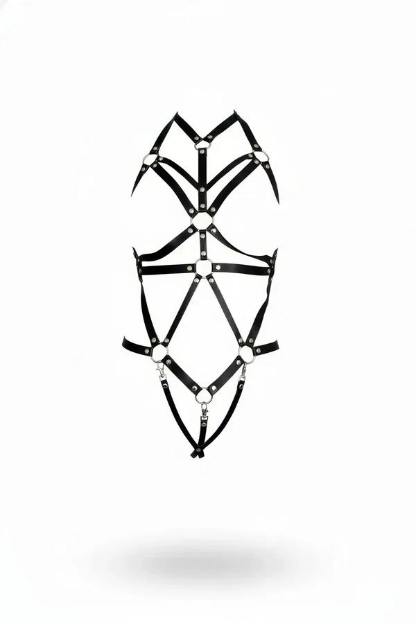siyah suni deri full body harness geometrik elmas desen gümüş O-halka perçin detaylı