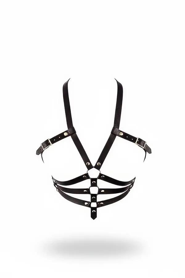 Black faux leather underbust chest harness with dual horizontal bands and silver buckle straps on white background