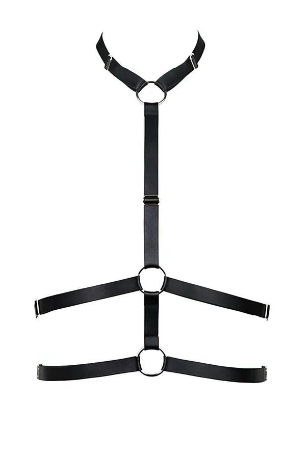 Black faux leather strappy body harness with three vertical silver O-rings and adjustable slider buckles