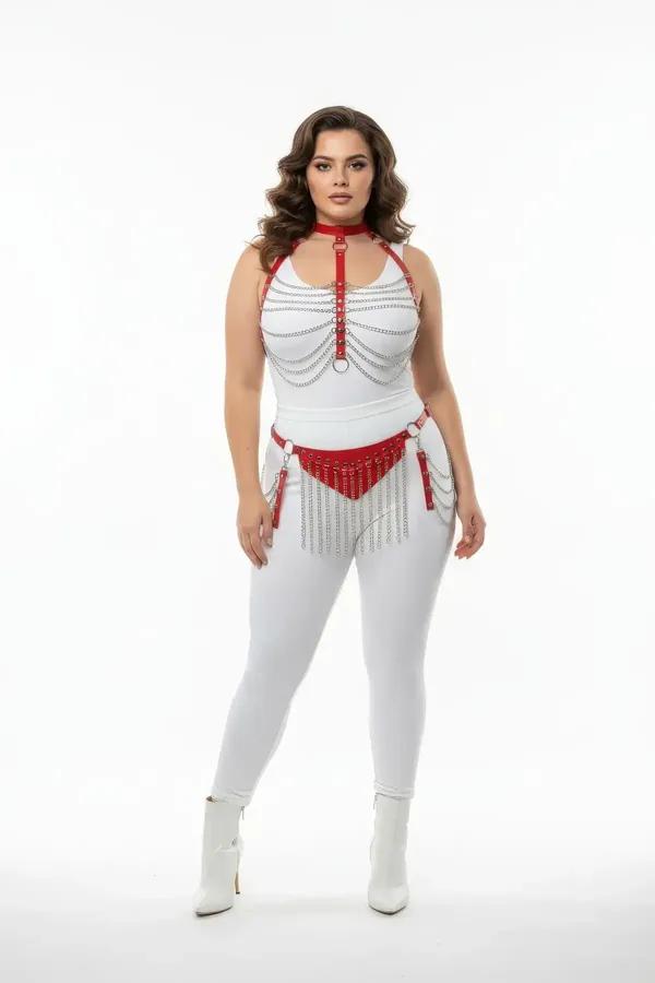 kırmızı vegan deri harness takım gümüş zincir saçaklı büyük beden kadın aksesuar tam set