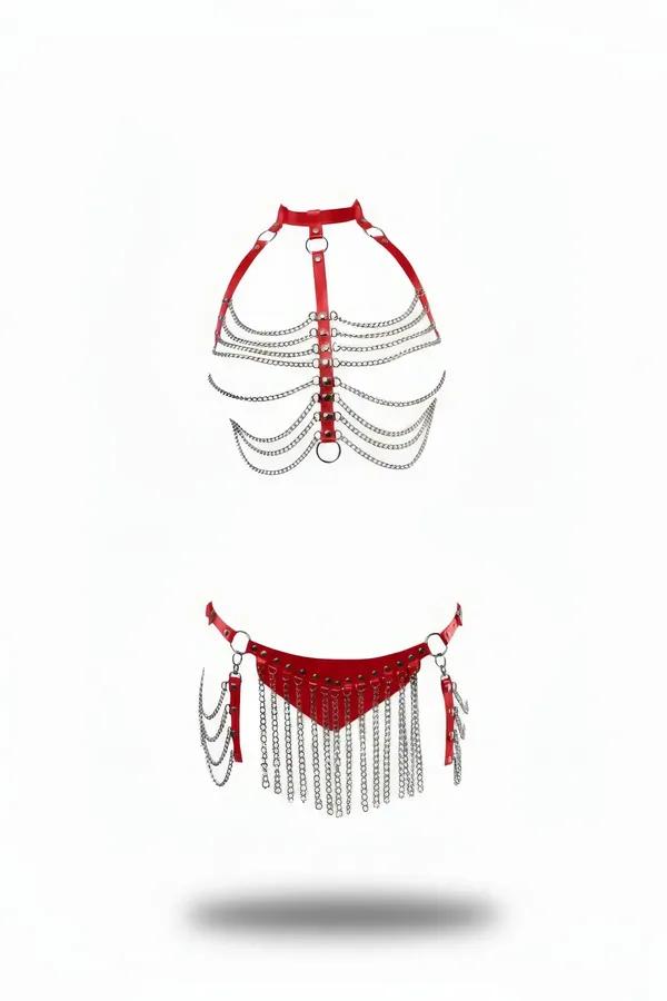 Red faux leather body harness with 8-row silver chains and matching chain-fringe hip skirt set laid flat on white background