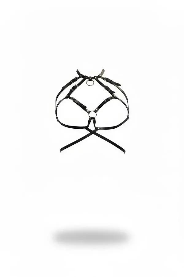 Black faux leather caged harness bra with dual silver O-rings and slider buckles, cross-back strap design