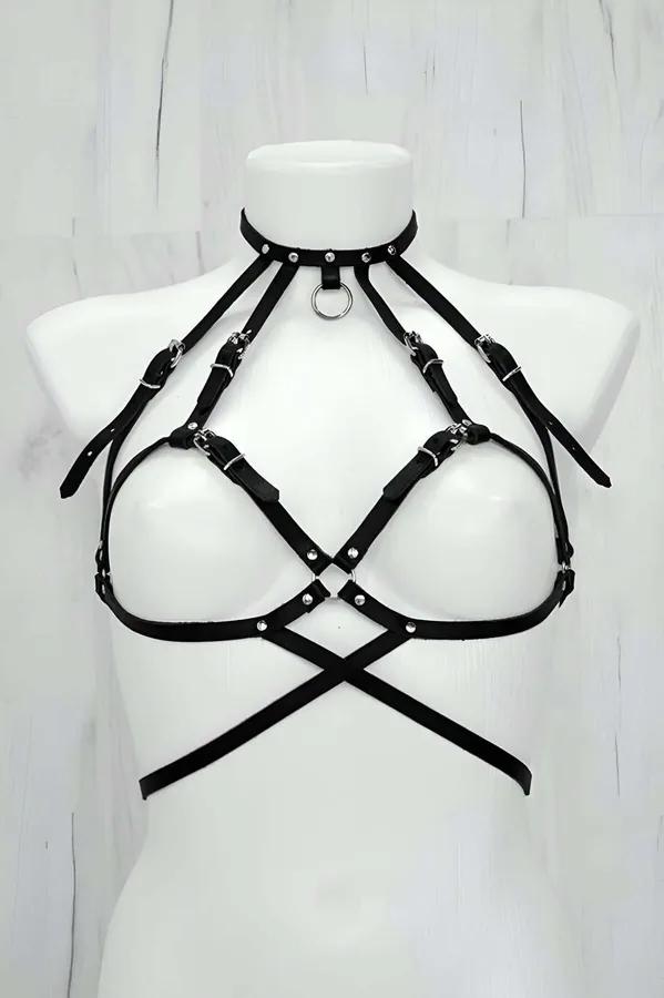 black faux leather caged chest harness with silver O-ring choker and X-cross strap design on white mannequin