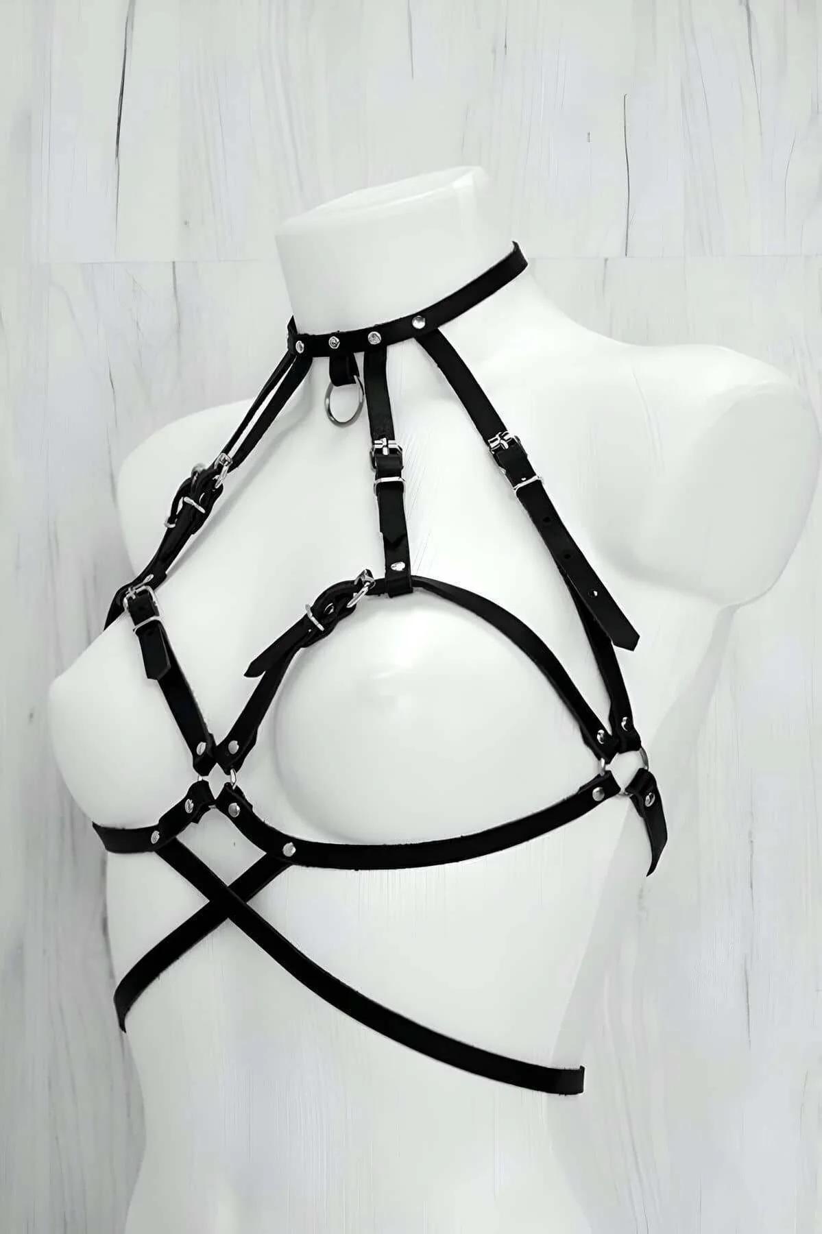 close-up of silver O-ring and choker collar on black faux leather chest harness