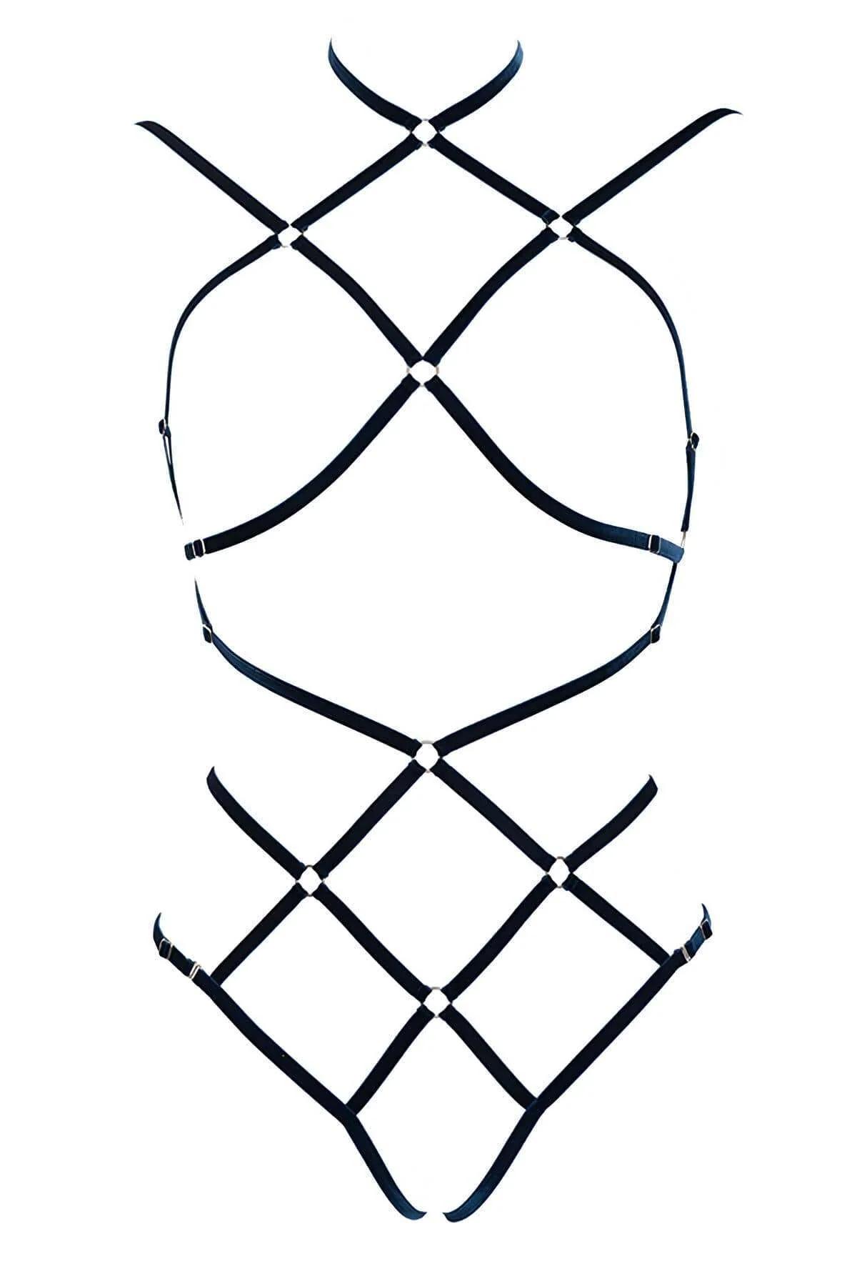 Black strappy harness waist bands spaced 5 cm apart with central O-ring hip connector