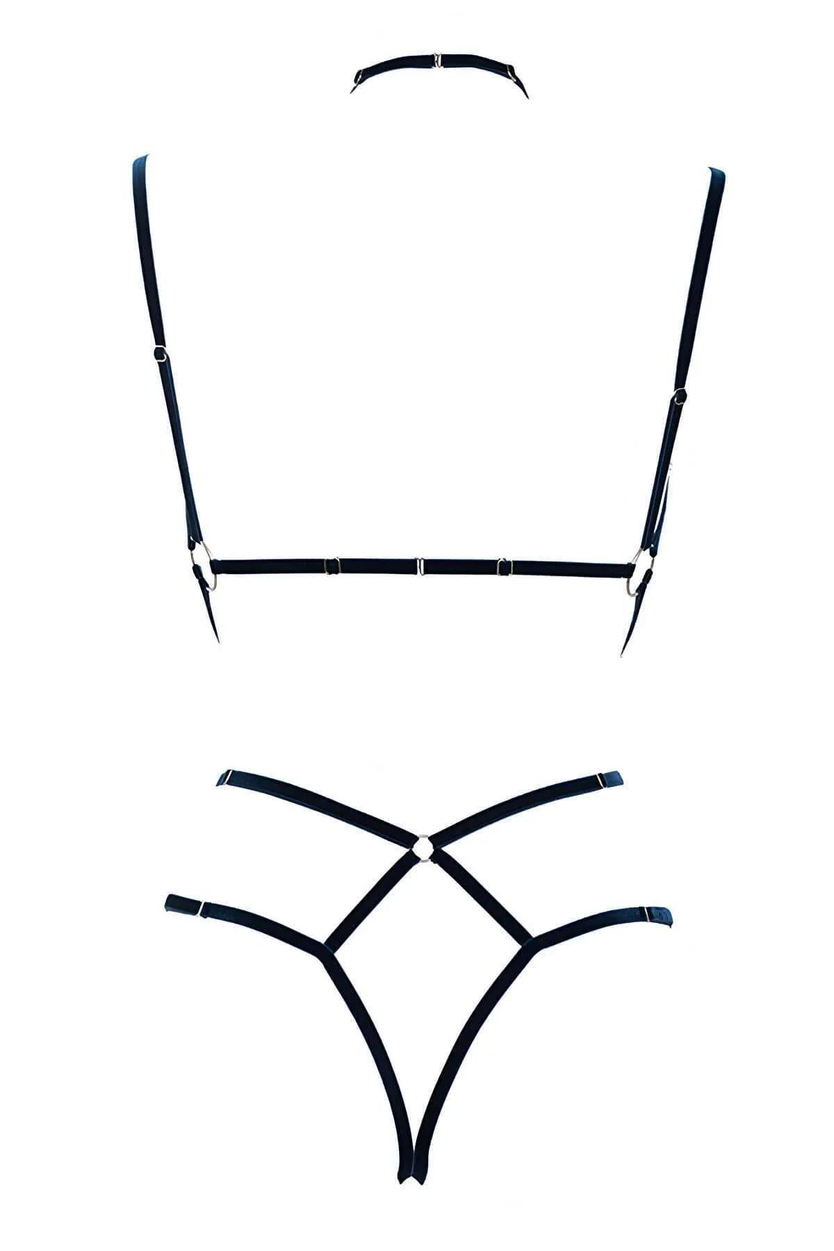 Black elastic fashion harness side view showing halter neck strap and cage silhouette on torso