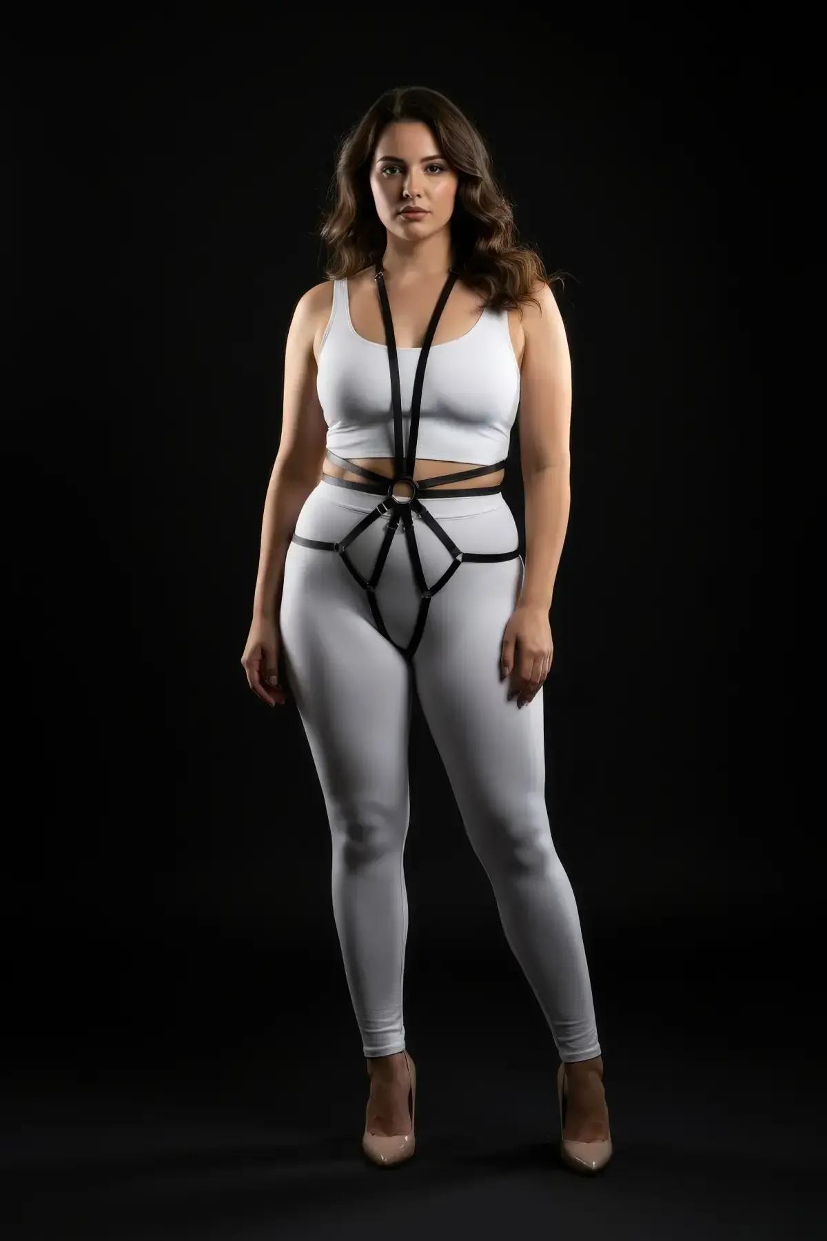 siyah PU suni deri full body harness bel hattı gümüş O-halka yakın çekim