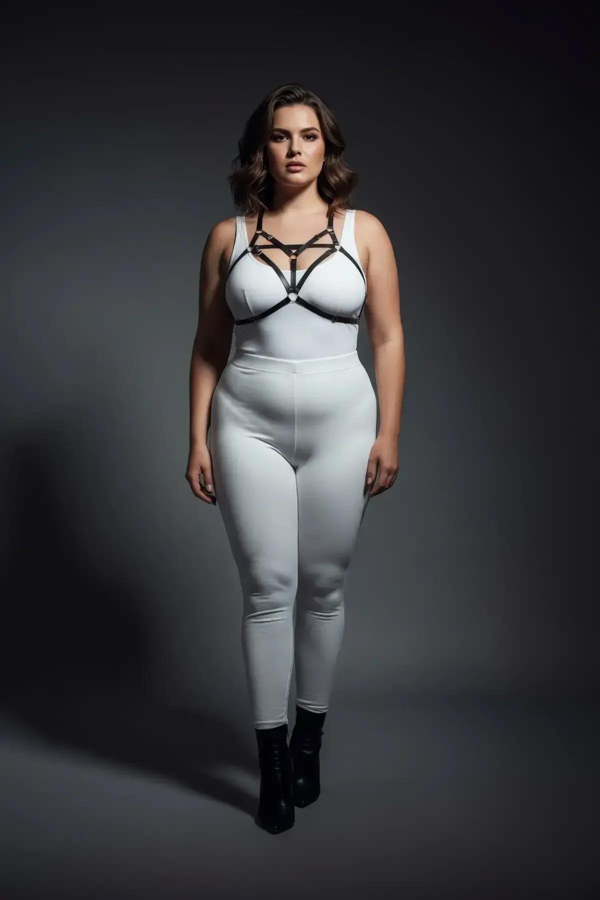 black caged chest harness layered over white bodysuit streetwear styling full length