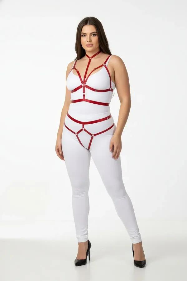büyük beden kırmızı parlak lastik harness takım kadın tam vücut choker ve kalça kafesli model