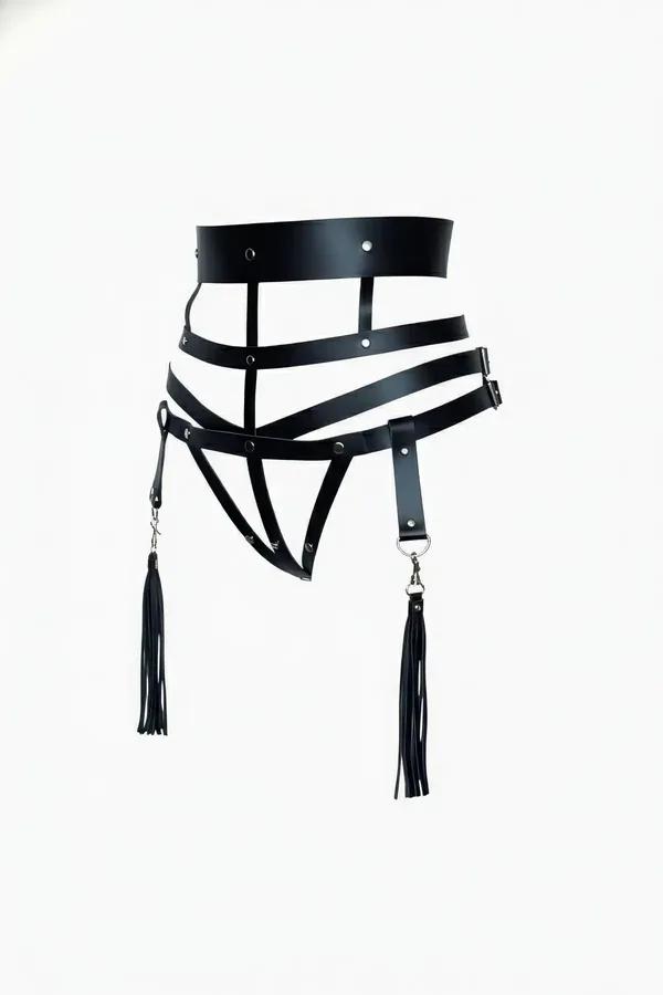 Black faux leather wide belt harness with four layered waist straps, silver D-rings, and two detachable tassels