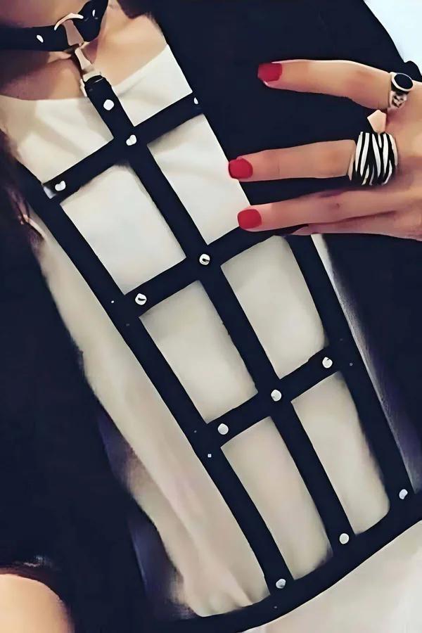 black faux leather chest harness rectangular cage pattern silver-riveted grid structure