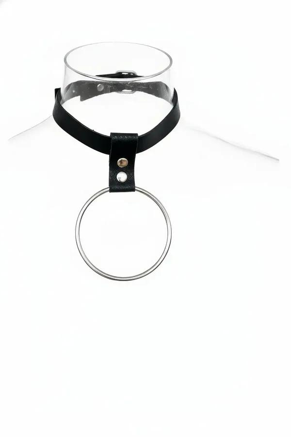 black faux leather o-ring choker with large silver circular pendant and snap-stud tab on mannequin neck