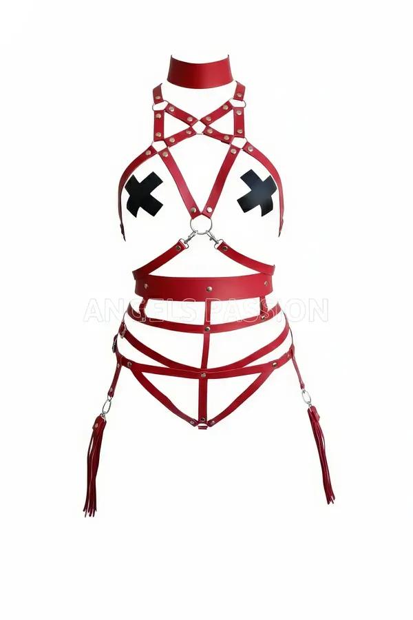 red faux leather full body harness set with choker cross-strap chest O-ring waist belt hip cage and hanging fringe tassels si
